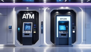 A futuristic bank hall with two futuristic ATMs one futuristic traditional ATM with sign ATM plus one futurstic Bitcoin ATM with sign BITCOIN-1