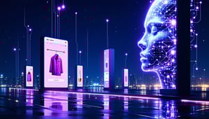 Digital AI face with glowing circuits overlooking smart billboards showing fashion and beauty ads.