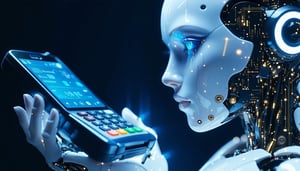 AI holding a futuristic POS terminal to reflect retail tech trends.