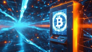 Futuristic Bitcoin ATM surrounded by dynamic blue and orange data streams