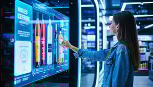 Customer using digital signage in an automated retail store.