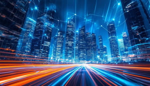 Futuristic cityscape with glowing skyscrapers, network lines, and dynamic light trails.