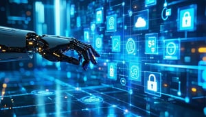 Robotic hand interacting with IoT devices, including security and 5G, in a futuristic digital setting.