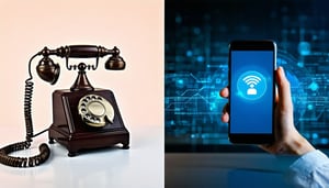 Split-screen of a rotary phone and a smartphone, symbolizing the shift from POTS to digital communication.