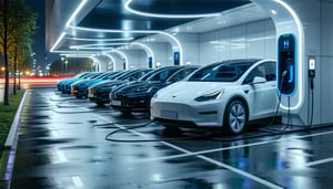 Modern EV charging hub with multiple electric vehicles connected to chargers at night.