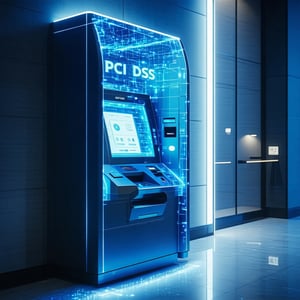 please generate an image of a futuristic ATM with PCI DSS hologram overlaying the ATM staying in the light banks hall  the colours should be bright with light background