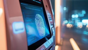 Futuristic ATM with biometric fingerprint scanner on screen.