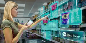 Woman using a digital interface to shop in a smart grocery store