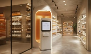Self-service kiosk in a modern automated store with illuminated shelves displaying products