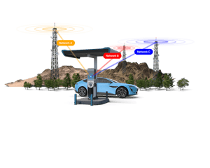 A car charging at an EV station and three cell towers.