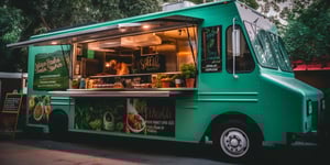 Green food truck with a chef visible through the window.