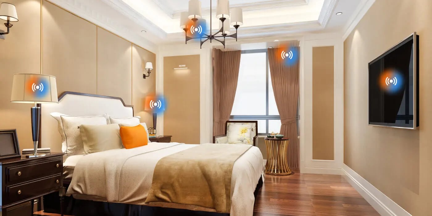 Smart hotel room with connected devices like lights, TV, and thermostat