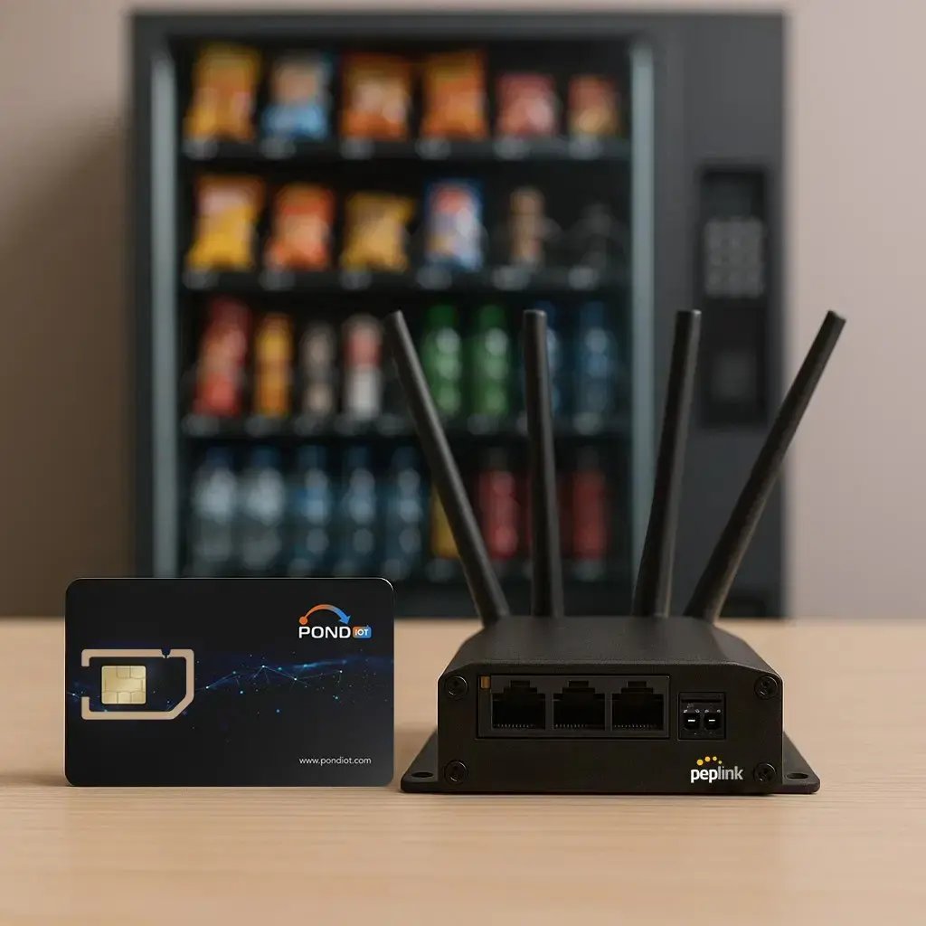 POND IoT SIM card and Peplink router in front of a vending machine. POND IoT SIM card and Peplink router in front of a vending machine.