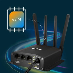 Peplink router with eSIM illustration showing connectivity integration