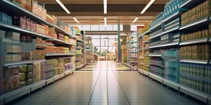 Supermarket aisle with shelves stocked with various grocery items.