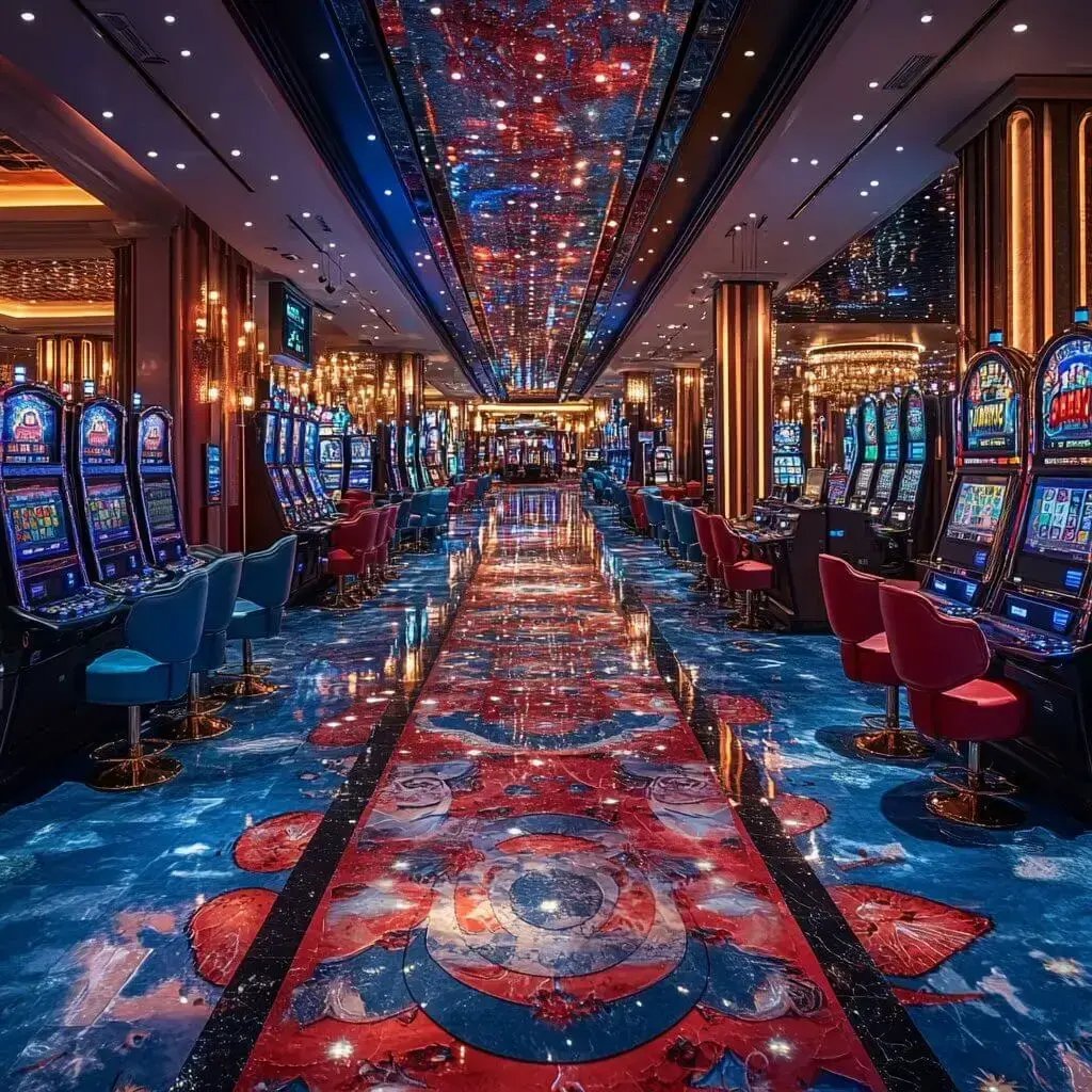 Vibrant casino floor with slot machines and colorful, reflective decor