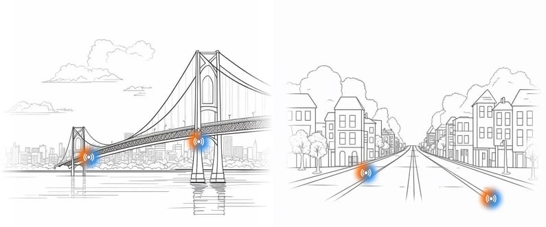 Illustration of a bridge and a street with IoT connectivity points highlighted