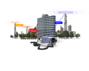 A medical defibrillator connected to three cell towers.