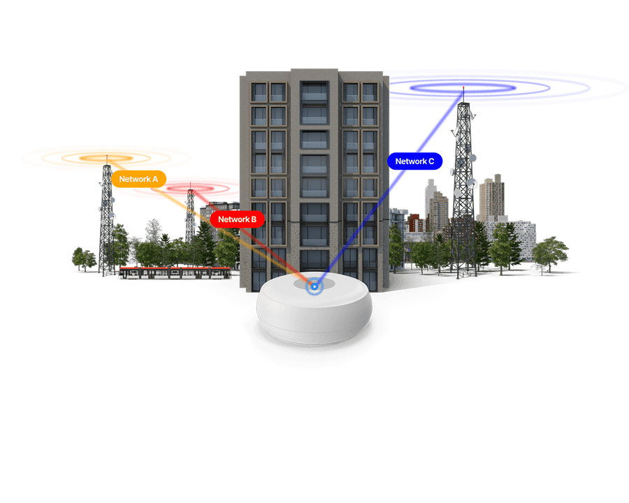 A smart smoke detector and three cell towers. A smart smoke detector and three cell towers.