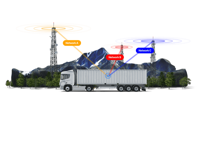 A vehicle and three cell towers. A vehicle and three cell towers.