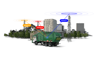 A garbage truck and three cell towers.