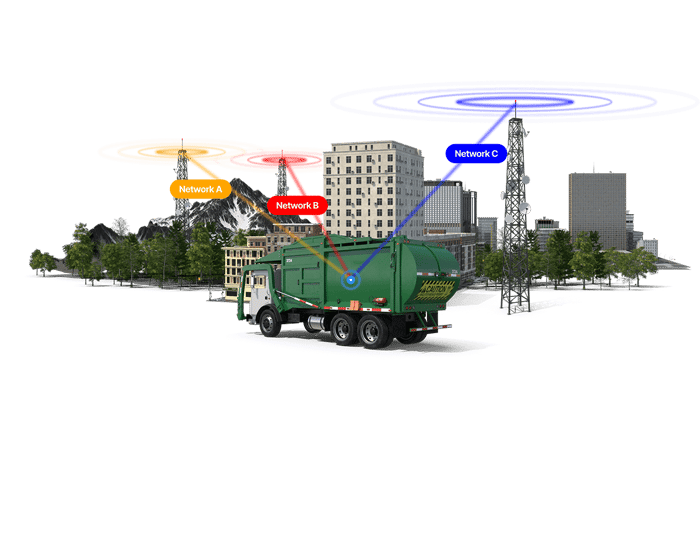 A garbage truck and three cell towers. A garbage truck and three cell towers.
