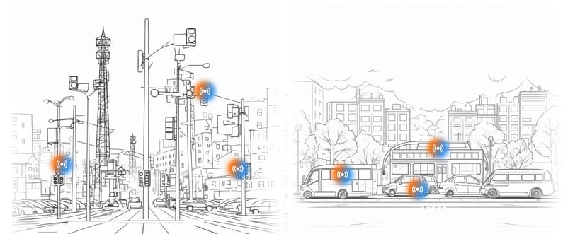 Illustration of a smart city with IoT connectivity points on traffic lights, vehicles, and infrastructure