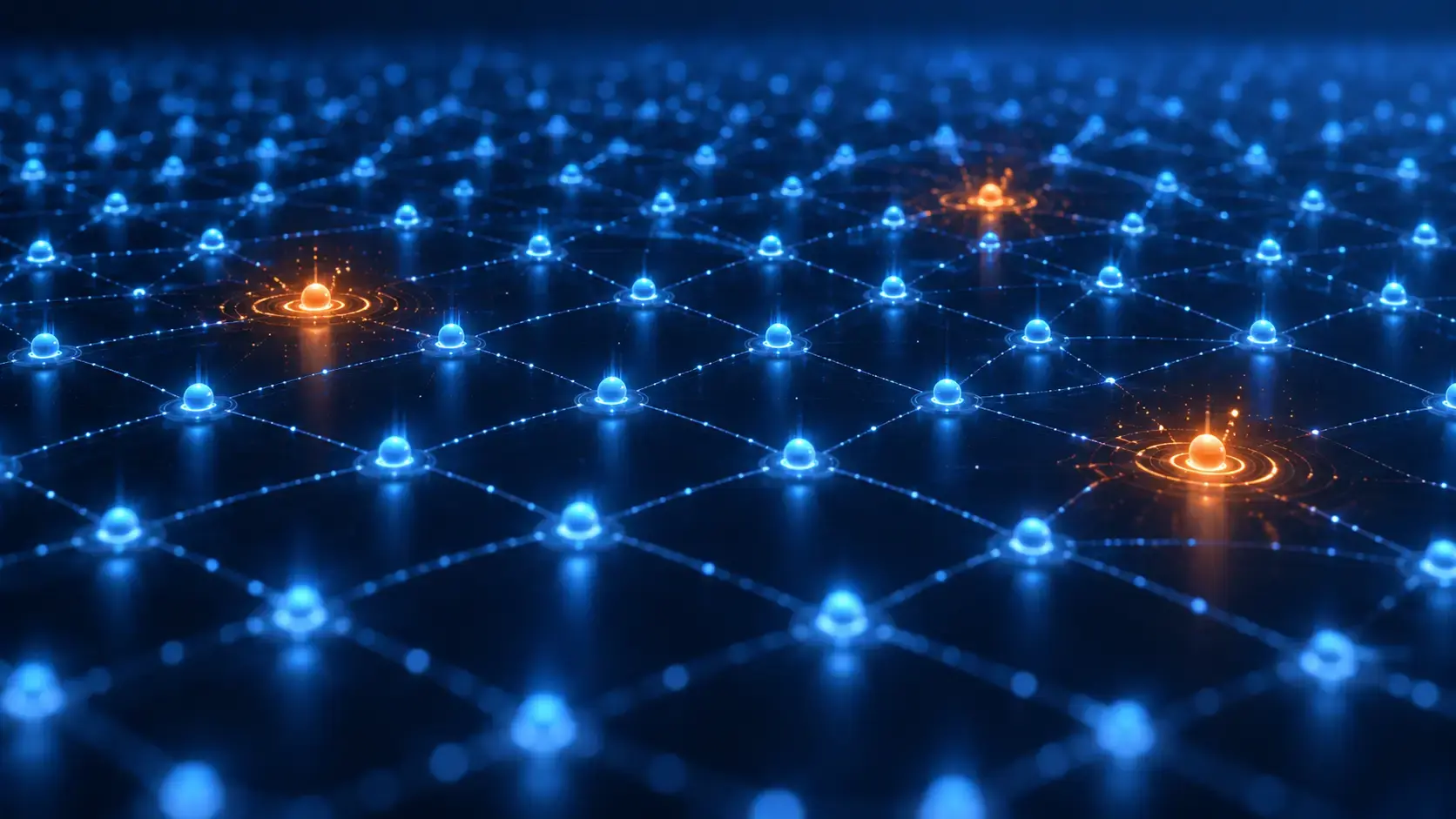Abstract IoT fleet network with blue connected nodes and three orange anomalies representing unusual cellular data usage.