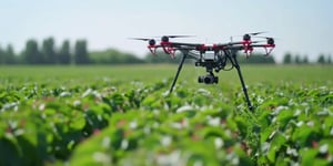 Drone flying above crop field for agricultural monitoring
