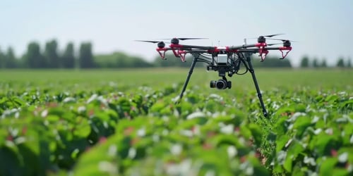 Drone flying above crop field for agricultural monitoring