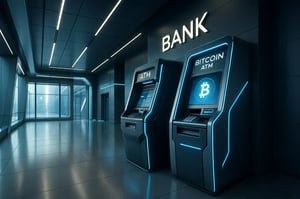 Bank lobby with ATM and Bitcoin ATM machines