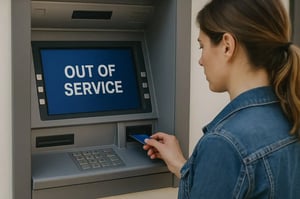 ATM downtime due to connectivity issue with OUT OF SERVICE message on screen as customer tries to withdraw cash