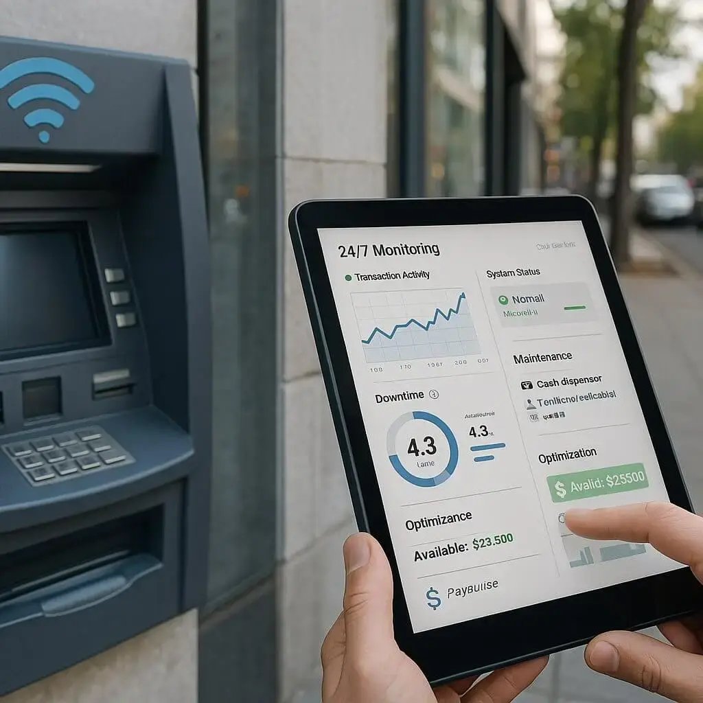 Person monitoring ATM performance on a tablet with real-time data dashboard.