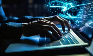 Hands typing on a laptop with glowing digital network effects symbolizing fast and reliable business connectivity.