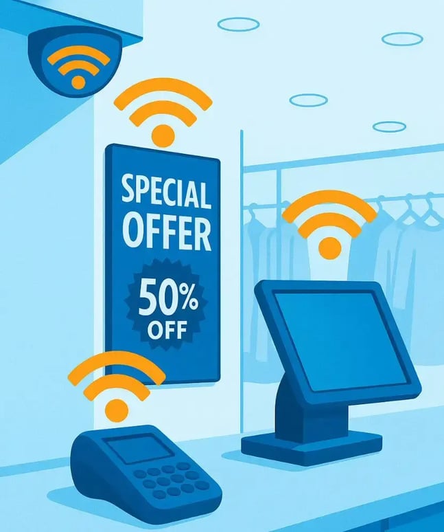 Illustration of a retail store showing a security camera, digital signage, and POS terminal with connectivity symbols.