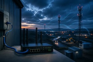 Cellular router connected by cable with multiple cellular towers in the background.