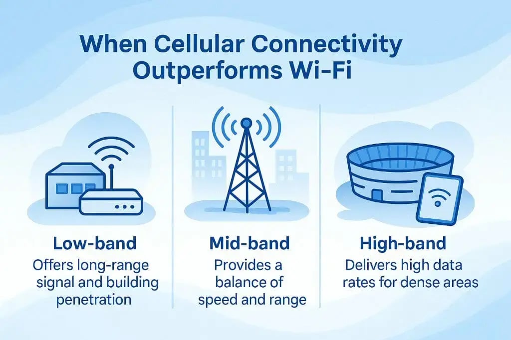 Cellular connectivity infographic showing low-band, mid-band, and high-band frequency benefits.