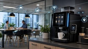 Connected office coffee machine with digital interface and contactless payment in a modern workplace
