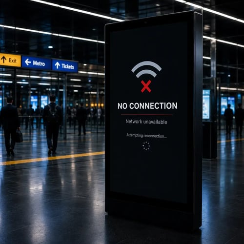 Digital signage screen showing network connection failure in a transit environment Digital signage screen showing network connection failure in a transit environment