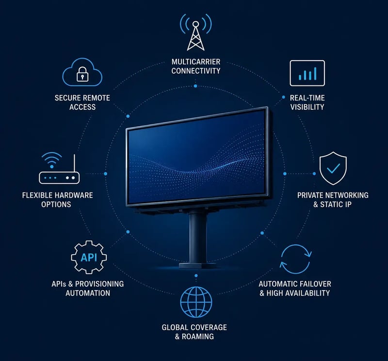 Digital billboard with multicarrier connectivity, remote access, failover, and private networking