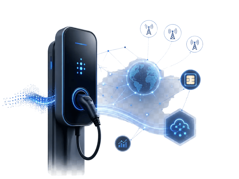 EV charger connected to cellular networks, SIM management, and global IoT infrastructure
