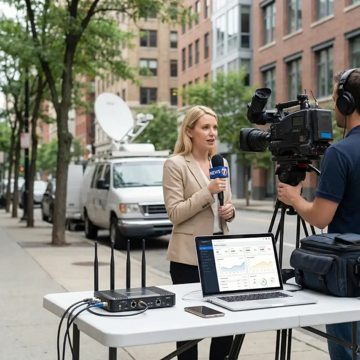 Field reporter broadcasting live with camera and network equipment