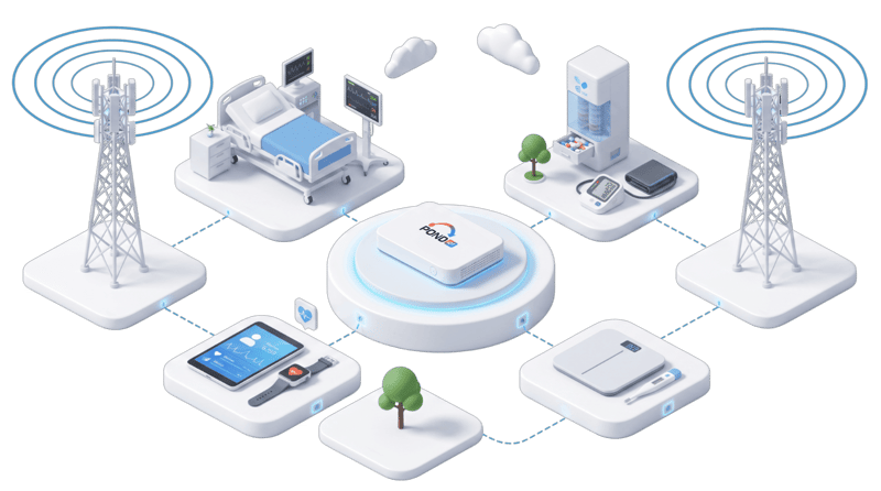 Healthcare connectivity infrastructure connecting medical devices, healthcare facilities, and remote care locations. Healthcare connectivity infrastructure connecting medical devices, healthcare facilities, and remote care locations.