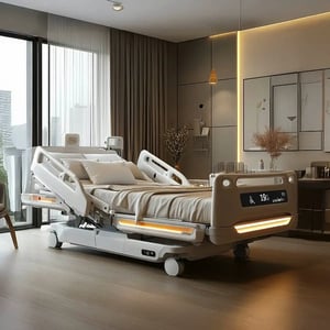 A hospital patient room with a modern medical bed.