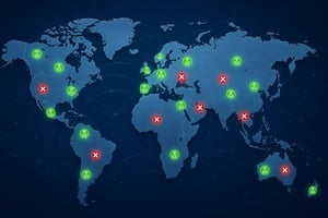 World map with IoT devices operating successfully in some countries and failing in others