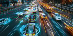 Busy city road with cars and digital overlays showing smart technology