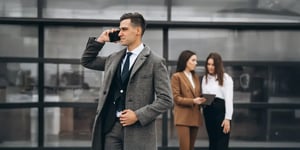 A man is talking on a smartphone while women are looking at a tablet