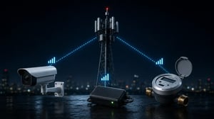 Cellular tower connecting a security camera, GPS tracker, and smart water meter