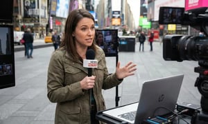TV reporter broadcasting live from the field with camera and laptop