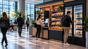 Self-service micro-market with a checkout kiosk, snack shelves, and refrigerated cabinets in an office lobby